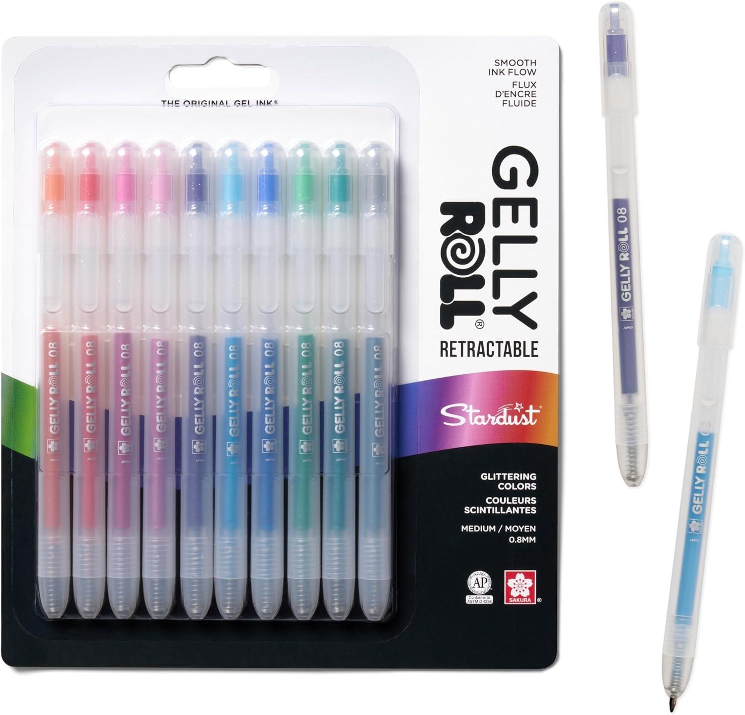 imageSAKURA Gelly Roll Retractable Gel Pens Colored  Stardust Glitter Gel ampamp Medium Point  for Journaling Art or Drawing  with Assorted Colored Ink  10 Pens1 Count Pack of 10
