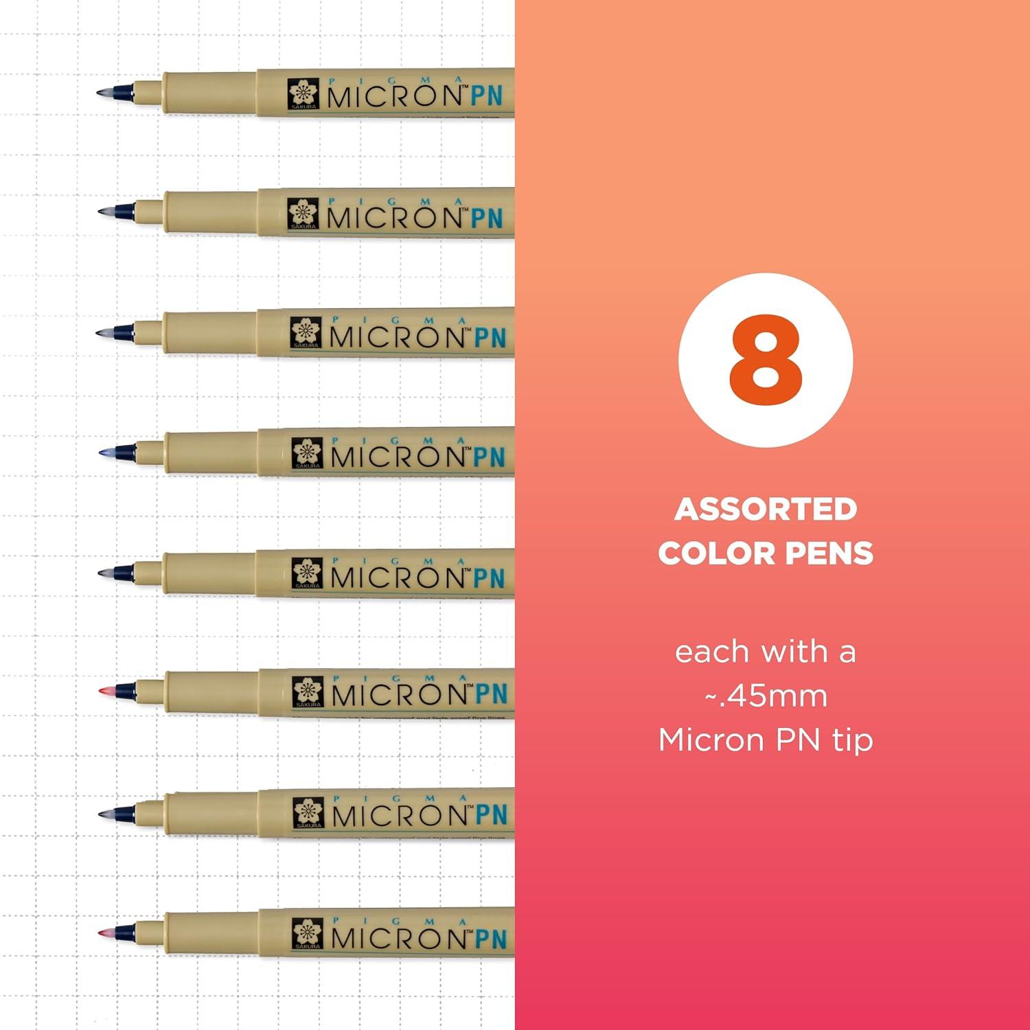 imageSAKURA Pigma Micron Plastic Nib Pens  Archival Black and Colored Ink Pens  Pens for Writing Drawing or Journaling  Black and Assorted Colored Ink  045 mm Plastic Nibs  6 Pack8 Pen Pack