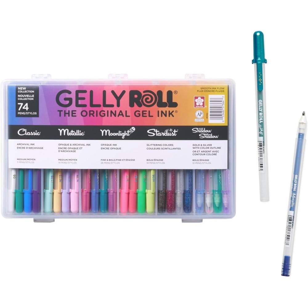 imageSAKURA Gelly Roll Gel Pens  Gift Set  Ink Pen Set  Art DIY Projects  Assorted Point Sizes with Storage Case  Assorted Colored Ink with Special Effects  74 Pack