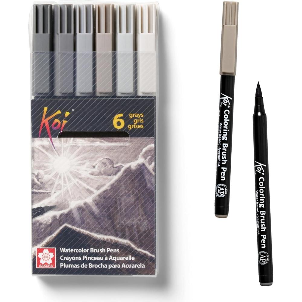 imageSAKURA Koi Coloring Brush Pens  Watercolor Brush Pen Set  Assorted Colors  12 PackAsst Gray 6pc Set