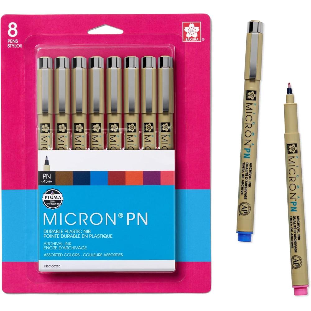 imageSAKURA Pigma Micron Plastic Nib Pens  Archival Black and Colored Ink Pens  Pens for Writing Drawing or Journaling  Black and Assorted Colored Ink  045 mm Plastic Nibs  6 Pack8 Pen Pack