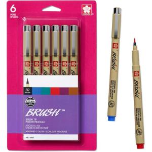 imageSAKURA Pigma Micron Brush Pens  Archival Black and Colored Ink Pens  Pens for Writing Drawing or Journaling  Black and Assorted Colored Ink  Brush Nibs  6 PackBlack  Blue