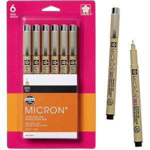 imageSAKURA Pigma Micron Fineliner Pens  Archival Black Ink Pens  Pens for Writing Drawing or Journaling  Black Ink  003 Point Size  6 Pack