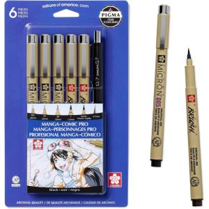 imageSAKURA Pigma Micron Manga Comic Pro Fineliner Pens  Archival Black Ink Pens  Assorted Point Sizes  8 Pack6 Pen Pack