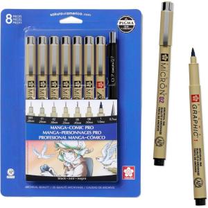 imageSAKURA Pigma Micron Manga Comic Pro Fineliner Pens  Archival Black Ink Pens  Assorted Point Sizes  8 Pack8 Pen Pack