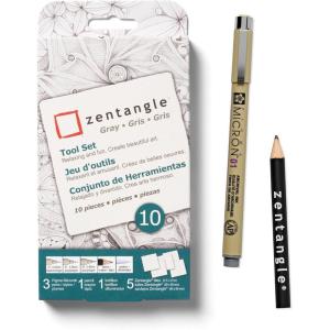 imageSAKURA Zentangle Tool Set  1 Black Pigma Micron Pens 2 Gray Micron Pens 1 Black Graphite Pencil 1 Tortillion 5 35quot White Paper Tiles  White Zentangle Tiles  10 Piece Set