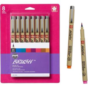 imageSakura Pigma Micron Brush Pens  Archival Black ampamp Colored Ink Pens  for Writing Drawing or Journaling  Black ampamp Assorted Colored Ink  Brush Nibs  8 Pack