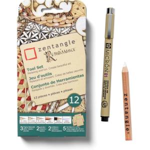 imageSakura Zentangle Renaissance Tool Set  1 Black Micron Pen 2 Brown Micron Pens 1 White Charcoal Pencil 1 Black Graphite Pencil 2 Tortillions 5 35quot Tan Paper Tiles  Tan Tiles  12 Piece Set