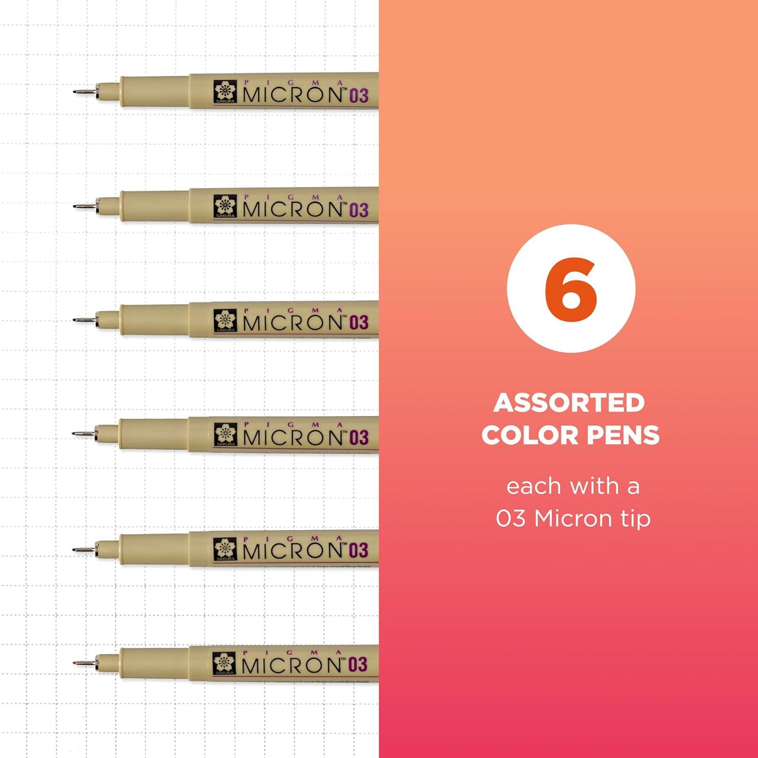 imageSAKURA Pigma Micron Fineliner Pens 03 Tip Size Archival Asst Colors 6 PK 5004903 Tip