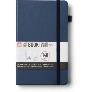 imageSakura Notebook Ruled A5  JapaneseInspired Lined Notebook for Effortless Writing  140 GSM Paper  Hardcover  Builtin Pen Holder  Expandable Inner Pocket  FlatLay  51 x 83  AmberDeep Indigo